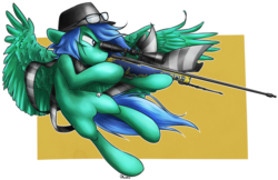 Size: 2807x1818 | Tagged: safe, artist:otkurzacz, oc, oc only, oc:swiftnote, pegasus, pony, awp, clothes, counter-strike, counter-strike: global offensive, fedora, flying, glasses, hat, scarf, solo