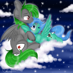 Size: 4000x4000 | Tagged: safe, artist:pvrii, oc, oc only, oc:onyx firedraft, oc:swiftnote, pegasus, pony, absurd resolution, blushing, cloud, cuddling, duo, night, sky, snuggling