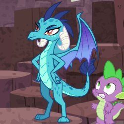 Size: 504x504 | Tagged: safe, screencap, princess ember, spike, dragon, g4, gauntlet of fire, animated, cropped, loop, nervous laugh, raised eyebrow