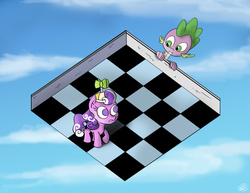 Size: 1024x791 | Tagged: safe, artist:loreto-arts, screwball, spike, dragon, earth pony, pony, g4, hat, modern art, optical illusion, propeller hat