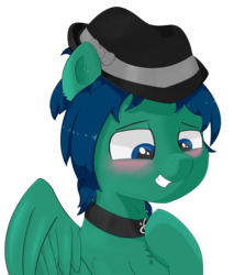 Size: 1508x1766 | Tagged: safe, anonymous artist, oc, oc only, oc:swiftnote, pegasus, pony, blushing, bust, collar, hat, portrait, shy, smiling, solo
