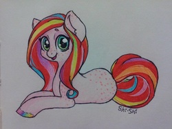 Size: 960x720 | Tagged: safe, artist:php171, oc, oc only, oc:rough sketch, butt freckles, colored, ear freckles, freckles, lying down, rainbow hooves, shoulder freckles, solo, traditional art