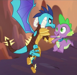 Size: 571x555 | Tagged: safe, screencap, princess ember, spike, dragon, g4, gauntlet of fire, dragon armor, flying