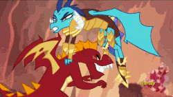 Size: 640x360 | Tagged: safe, edit, edited screencap, screencap, garble, princess ember, dragon, g4, gauntlet of fire, animated, discovery family logo, dragon armor, loop, reversed