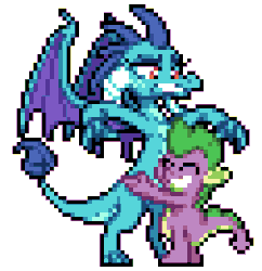 Size: 252x260 | Tagged: safe, artist:mrponiator, princess ember, spike, dragon, gauntlet of fire, season 6, animated, awkward, blinking, cute, daaaaaaaaaaaw, duo, embarrassed, eyes closed, female, frown, gritted teeth, hug, it's called a hug, lidded eyes, male, nervous, patting, petting, photoshop, pixel art, scene interpretation, simple background, smiling, spread wings, that was fast, transparent background, tsundember, tsundere