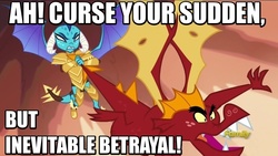 Size: 800x450 | Tagged: safe, screencap, garble, princess ember, dragon, g4, gauntlet of fire, alan tudyk, armor, cave, curse your sudden but inevitable betrayal, discovery family logo, dragon armor, fight, firefly (series), image macro, meme, text