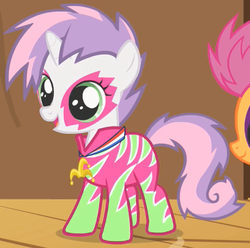Size: 407x404 | Tagged: safe, screencap, scootaloo, sweetie belle, pegasus, pony, unicorn, g4, the show stoppers, cropped, cute, diasweetes, face paint, female, filly, show stopper outfits