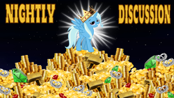 Size: 1366x768 | Tagged: safe, artist:turbo, trixie, alicorn, pony, g4, alicornified, coin, crown, female, gem, gold, jewelry, nightly discussion, race swap, ring, solo, treasure, trixiecorn