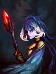 Size: 1500x2000 | Tagged: safe, artist:kutakoru, princess ember, human, g4, gauntlet of fire, badass, bloodstone scepter, dragon armor, dragon lord ember, female, frown, glare, humanized, looking at you, solo