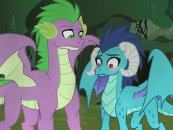 Size: 2048x1536 | Tagged: safe, artist:tamersworld, princess ember, spike, dragon, g4, gauntlet of fire, blushing, embarrassed, female, frown, male, older, older spike, ship:emberspike, shipping, smiling, spread wings, straight, winged spike, wings