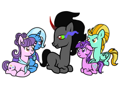 Size: 756x538 | Tagged: safe, artist:purpleloverpony, amethyst star, king sombra, lightning dust, sparkler, suri polomare, trixie, earth pony, pegasus, pony, unicorn, g4, a better ending for sombra, female, floppy ears, good end, king sombra gets all the mares, male, mare, simple background, what if, white background