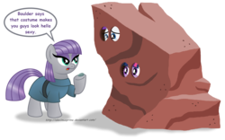 Size: 2752x1721 | Tagged: safe, artist:aleximusprime, boulder (g4), maud pie, rarity, twilight sparkle, alicorn, earth pony, pony, unicorn, g4, gauntlet of fire, clothes, costume, disguise, female, mare, rock costume, simple background, speech bubble, transparent background, twilight sparkle (alicorn)