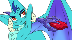 Size: 1348x768 | Tagged: safe, artist:annonymouse, princess ember, dragon, g4, gauntlet of fire, armpits, bloodstone scepter, breasts, bust, dragon lord ember, featureless breasts, female, portrait, simple background, solo, wip