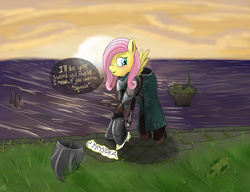 Size: 3500x2685 | Tagged: safe, artist:georgetoy, fluttershy, g4, armor, blushing, crossover, dark souls, female, high res, looking at you, majula, solo, sunset, sword, talking to viewer, waiting, weapon