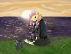 Size: 3500x2685 | Tagged: safe, artist:georgetoy, fluttershy, g4, armor, blushing, crossover, dark souls, female, helmet, high res, looking at you, majula, solo, sunset, sword, waiting, weapon