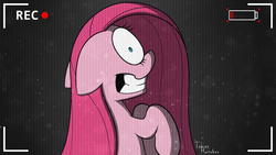 Size: 1920x1080 | Tagged: safe, artist:fakskis, pinkie pie, earth pony, pony, g4, creepy, faic, female, floppy ears, grin, looking at you, mare, nightmare fuel, pinkamena diane pie, recording, solo, this will end in cupcakes, wide eyes