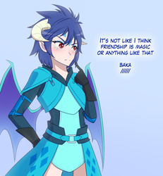 Size: 1280x1385 | Tagged: safe, artist:jonfawkes, princess ember, human, g4, gauntlet of fire, armor, baka, blue background, clothes, elf ears, female, gloves, horn, horned humanization, humanized, simple background, solo, tsundember, tsundere