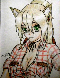 Size: 2520x3289 | Tagged: safe, artist:kevinthecrushinator, applejack, human, g4, breasts, busty applejack, cleavage, eared humanization, female, front knot midriff, hay stalk, high res, humanized, midriff, plaid shirt, solo, straw in mouth, traditional art, underboob