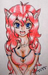 Size: 2547x4003 | Tagged: safe, artist:kevinthecrushinator, pinkie pie, human, g4, boob window, breasts, busty pinkie pie, cleavage, ear fluff, eared humanization, female, humanized, necklace, solo, traditional art