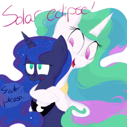 Size: 1200x1200 | Tagged: safe, artist:friendlyraccoon, princess celestia, princess luna, g4, eclipse, hug, luna is not amused, royal sisters