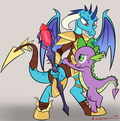 Size: 2085x2113 | Tagged: safe, artist:orang111, princess ember, spike, dragon, g4, gauntlet of fire, armor, bloodstone scepter, cute, dragon armor, dragon lord ember, female, freckles, high res, hug, male, smiling, wavy mouth