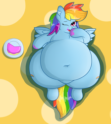 Size: 1280x1431 | Tagged: safe, artist:dullpoint, rainbow dash, pegasus, pony, g4, belly button, big belly, cake, fat, feeding dash, female, food, licking, messy eating, obese, on back, rainblob dash, solo, tongue out, tubby wubby pony waifu