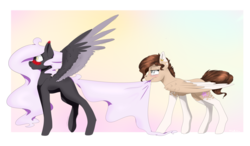 Size: 1024x600 | Tagged: dead source, safe, artist:doodle-28, oc, oc only, oc:doodle bug, oc:smokefly, pegasus, pony, tail bite