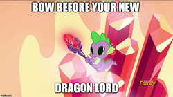 Size: 888x500 | Tagged: safe, edit, edited screencap, screencap, spike, gauntlet of fire, bloodstone scepter, bloodstoned spike, derp, dilated pupils, discovery family logo, dragon lord spike, eye shimmer, funny, image macro, male, meme, solo, text