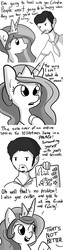 Size: 618x2472 | Tagged: safe, artist:tjpones, princess celestia, alicorn, human, pony, horse wife, g4, bust, cheek fluff, cigarette, comic, cronyism, dialogue, ear fluff, female, grayscale, human male, male, mare, missing the point, monochrome, nepotism, raised hoof, simple background, smoking, truth, white background