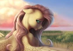 Size: 2630x1860 | Tagged: safe, artist:bluespaceling, fluttershy, g4, cloud, female, grass, looking at you, painting, solo
