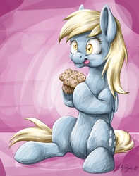 Size: 1024x1302 | Tagged: safe, artist:tierfarbe, derpy hooves, pegasus, pony, g4, female, food, licking, licking lips, mare, muffin, sitting, solo, tongue out