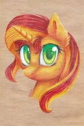Size: 2000x3000 | Tagged: safe, artist:0okami-0ni, sunset shimmer, pony, unicorn, g4, bust, colored pencil drawing, colored pupils, ear fluff, female, high res, looking at you, portrait, solo, traditional art, wrong eye color