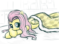 Size: 2000x1500 | Tagged: safe, artist:gamijack, fluttershy, g4, bed, blanket, female, prone, solo