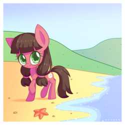 Size: 1024x1024 | Tagged: safe, artist:riouku, oc, oc only, oc:macdolia, earth pony, pony, starfish, beach, chibi, cute, female, mare, passepartout, pigtails, smiling