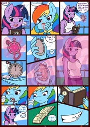 Size: 850x1200 | Tagged: safe, artist:linedraweer, rainbow dash, twilight sparkle, anthro, comic:your time in my hands, g4, belly button, blood, book, broken, clothes, comic, evil smile, grin, imminent rape, implied rape, levitation, magic, midriff, nosebleed, outdoors, rapeface, reading, stopwatch, tank top, telekinesis, time stop, twilight sparkle (alicorn), warning