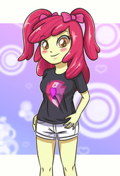 Size: 2362x3472 | Tagged: safe, artist:sumin6301, apple bloom, equestria girls, g4, adorabloom, blushing, clothes, cute, female, hand on hip, high res, shorts, solo, the cmc's cutie marks