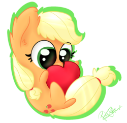 Size: 1057x1024 | Tagged: safe, artist:pucksterv, applejack, g4, apple, chibi, cute, female, food, hatless, hug, jackabetes, missing accessory, nom, simple background, solo, transparent background