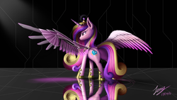 Size: 6000x3376 | Tagged: safe, artist:duskie-06, princess cadance, g4, absurd resolution, augmented, butt, female, plot, prosthetic limb, prosthetic wing, reflection, solo, story included