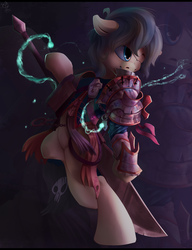 Size: 2304x3000 | Tagged: safe, artist:apostolllll, oc, oc only, pony, armor, bipedal, grin, high res, magic, solo, spear, weapon, wink