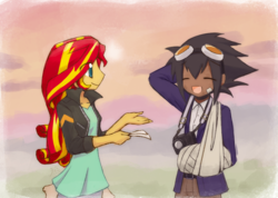 Size: 1407x1000 | Tagged: safe, artist:howxu, sunset shimmer, oc, equestria girls, g4, duo, photographer