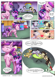 Size: 1200x1697 | Tagged: safe, artist:moenkin, lucky clover, princess cadance, twilight sparkle, wild fire, alicorn, earth pony, pegasus, pony, unicorn, a canterlot wedding, g4, argument, background pony, bad end, cadance is an idiot, comic, crying, dialogue, female, filly, filly cadance, filly twilight sparkle, foal, fridge horror, fridge logic, holding leg, love, love spell, magic, male, mare, mind control, oops, ponies standing next to each other, proud, reality ensues, scene interpretation, stallion, table, teen princess cadance, the implications are horrible, unfortunate implications, unicorn twilight, whoops, young, young twilight, younger