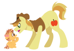 Size: 1024x717 | Tagged: safe, artist:craftedfun3, braeburn, oc, pegasus, pony, g4, baby, baby pony, bow, father and daughter, female, filly, hair bow, offspring, parent:braeburn, parent:spitfire, parents:spitburn, simple background, traditional art