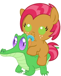 Size: 786x967 | Tagged: safe, artist:red4567, babs seed, gummy, pony, g4, adorababs, babs seed riding gummy, baby, baby pony, cute, pacifier, ponies riding gators, riding, weapons-grade cute