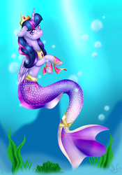 Size: 2995x4279 | Tagged: safe, artist:midfire, twilight sparkle, merpony, g4, bubble, female, seaponified, seapony twilight, solo, species swap, twilight sparkle (alicorn), underwater