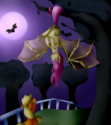 Size: 3881x4351 | Tagged: safe, artist:midfire, applejack, fluttershy, bat, bat pony, pony, g4, absurd resolution, flutterbat, grin, looking up, moon, night, spread wings, upside down