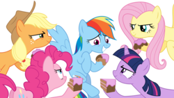 Size: 8192x4608 | Tagged: safe, artist:kiowa213, applejack, fluttershy, pinkie pie, rainbow dash, twilight sparkle, earth pony, pegasus, pony, unicorn, g4, sweet and elite, absurd resolution, bad poker face, cake, didn't think this through, evil smile, female, food, grin, imminent cake fight, mare, nervous, nervous smile, simple background, smiling, transparent background, unicorn twilight, vector