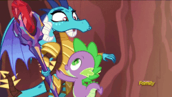Size: 718x404 | Tagged: safe, screencap, princess ember, spike, dragon, gauntlet of fire, animated, armor, awkward, bloodstone scepter, blushing, confused, cute, discovery family logo, dragon armor, dragon lord ember, embarrassed, eyes closed, friends, hug, it's called a hug, patting, petting, shipping fuel, smiling, spread wings, uncomfortable, wavy mouth