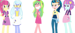 Size: 961x427 | Tagged: safe, artist:imtailsthefoxfan, indigo zap, lemon zest, sour sweet, sugarcoat, sunny flare, equestria girls, g4, my little pony equestria girls: friendship games, alternate clothes, alternate universe, blushing, clothes, crystal prep shadowbolts, dress, grin, headphones, meme, pinkie has a crazy idea, shadow five, simple background, skirt, smiling, transparent background