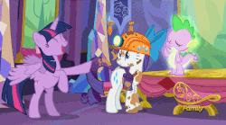 Size: 816x454 | Tagged: safe, screencap, rarity, spike, twilight sparkle, alicorn, pony, g4, gauntlet of fire, animated, bow, cropped, dirt, dirty, discovery family logo, female, glowing, helmet, hoofy-kicks, mare, mining helmet, rearing, scratching, twilight sparkle (alicorn)