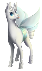 Size: 2091x3562 | Tagged: safe, artist:ebonytails, oc, oc only, oc:paradigm, changeling, albino, albino changeling, high res, male, smiling, solo, tongue out, white changeling